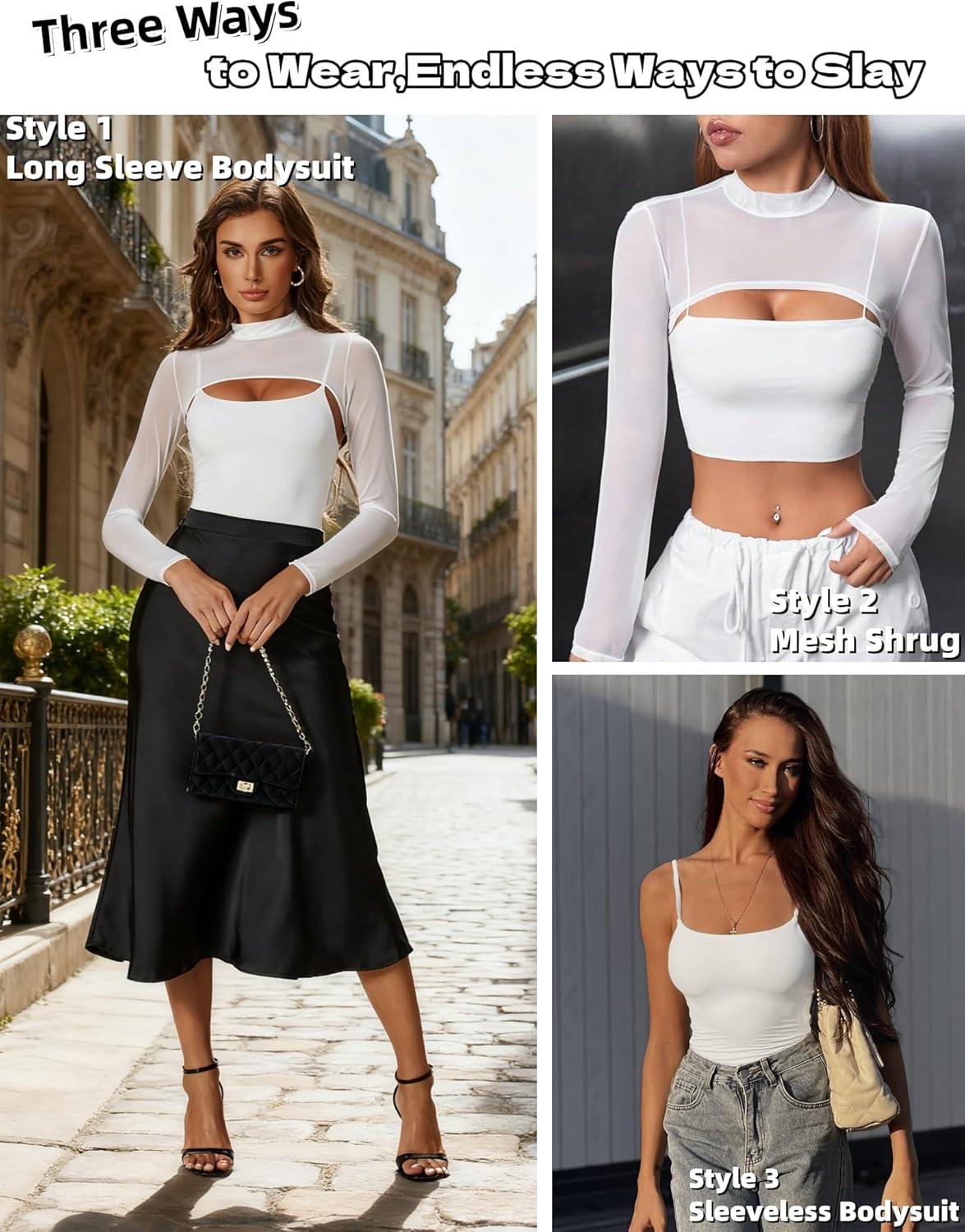 imageAvidlove Womens Long Sleeve Bodysuits Mock Turtle Neck Shapewear Bodysuit Sexy Mesh Bodysuit Two Piece Outfit Cami TopsWhite