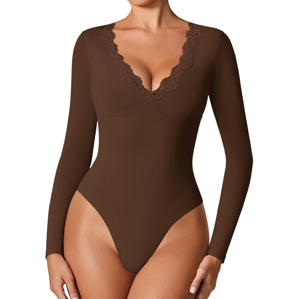 imageAvidlove Bodysuits for Women Long Sleeve Lace V Neck Body Suits Double Lined One Piece Leotard Shirt Going Out TopsBrown