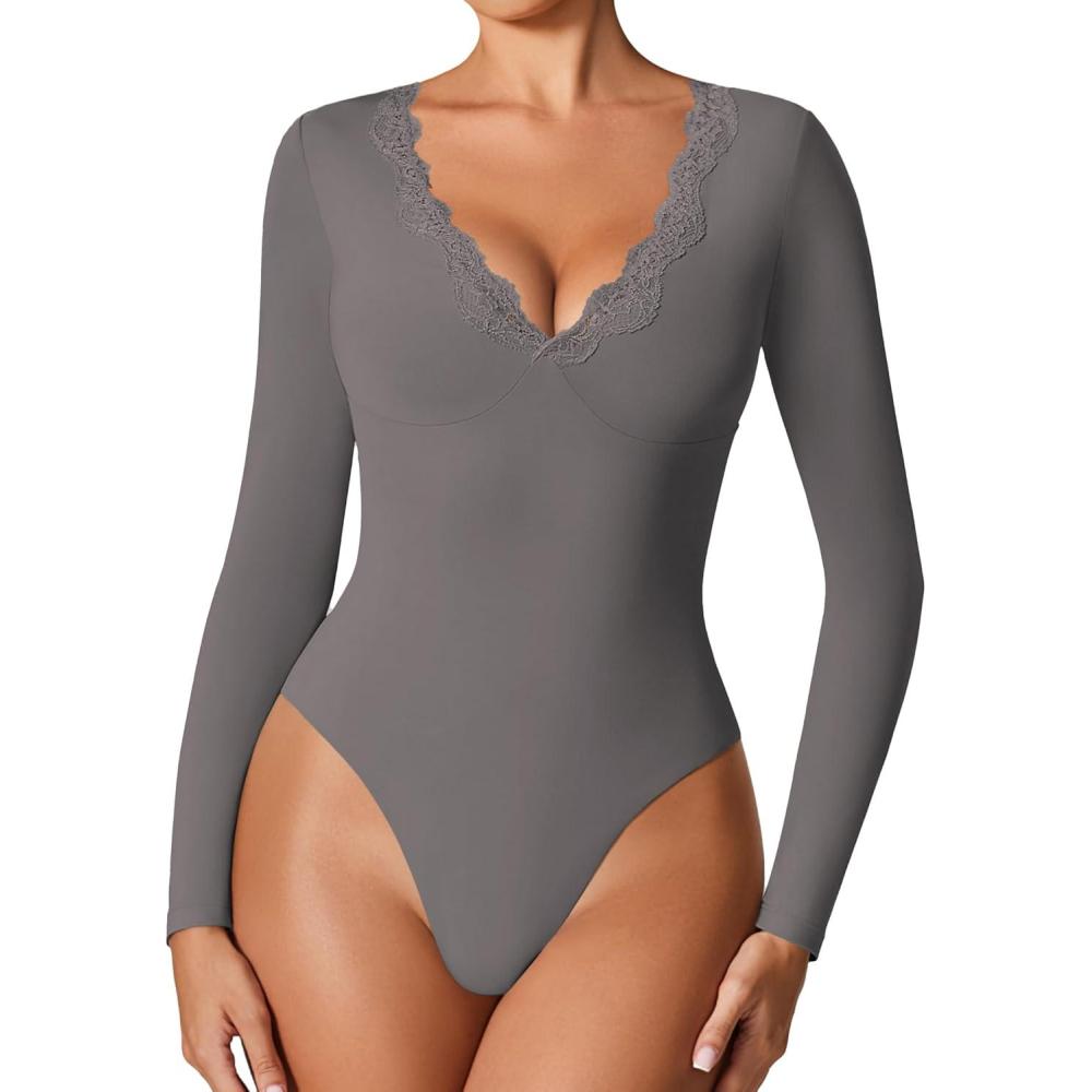 imageAvidlove Bodysuits for Women Long Sleeve Lace V Neck Body Suits Double Lined One Piece Leotard Shirt Going Out TopsDark Grey