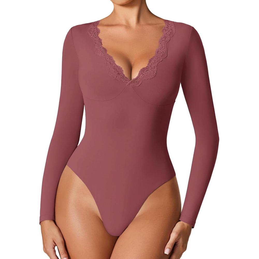 imageAvidlove Bodysuits for Women Long Sleeve Lace V Neck Body Suits Double Lined One Piece Leotard Shirt Going Out TopsPurple Red