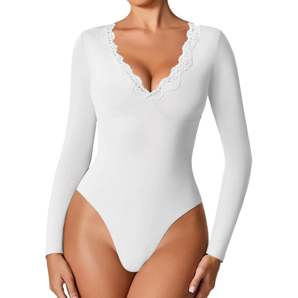 imageAvidlove Bodysuits for Women Long Sleeve Lace V Neck Body Suits Double Lined One Piece Leotard Shirt Going Out TopsWhite