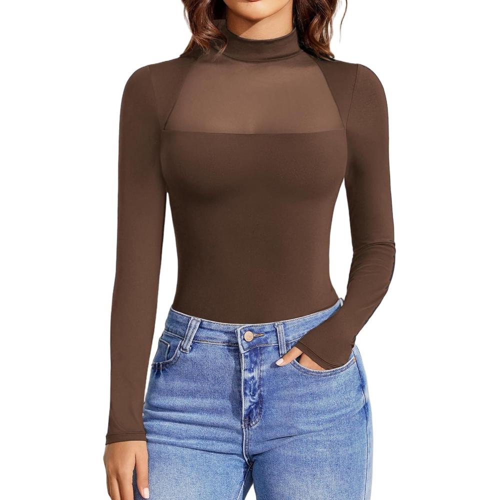imageAvidlove Bodysuits for Women Mock Neck Shapewear Body Suit Long Sleeve Leotard Mesh Going Out Tops Concert OutfitsBrown