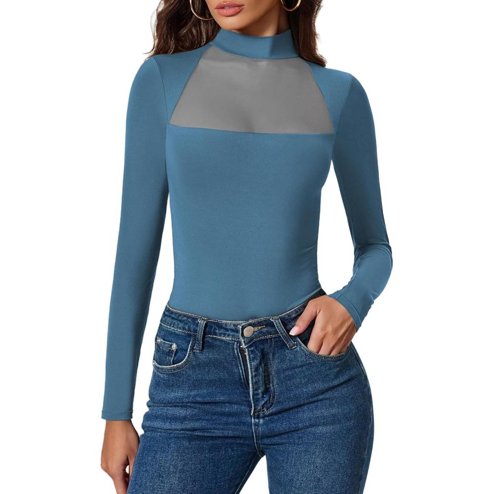 imageAvidlove Bodysuits for Women Mock Neck Shapewear Body Suit Long Sleeve Leotard Mesh Going Out Tops Concert OutfitsDark Blue