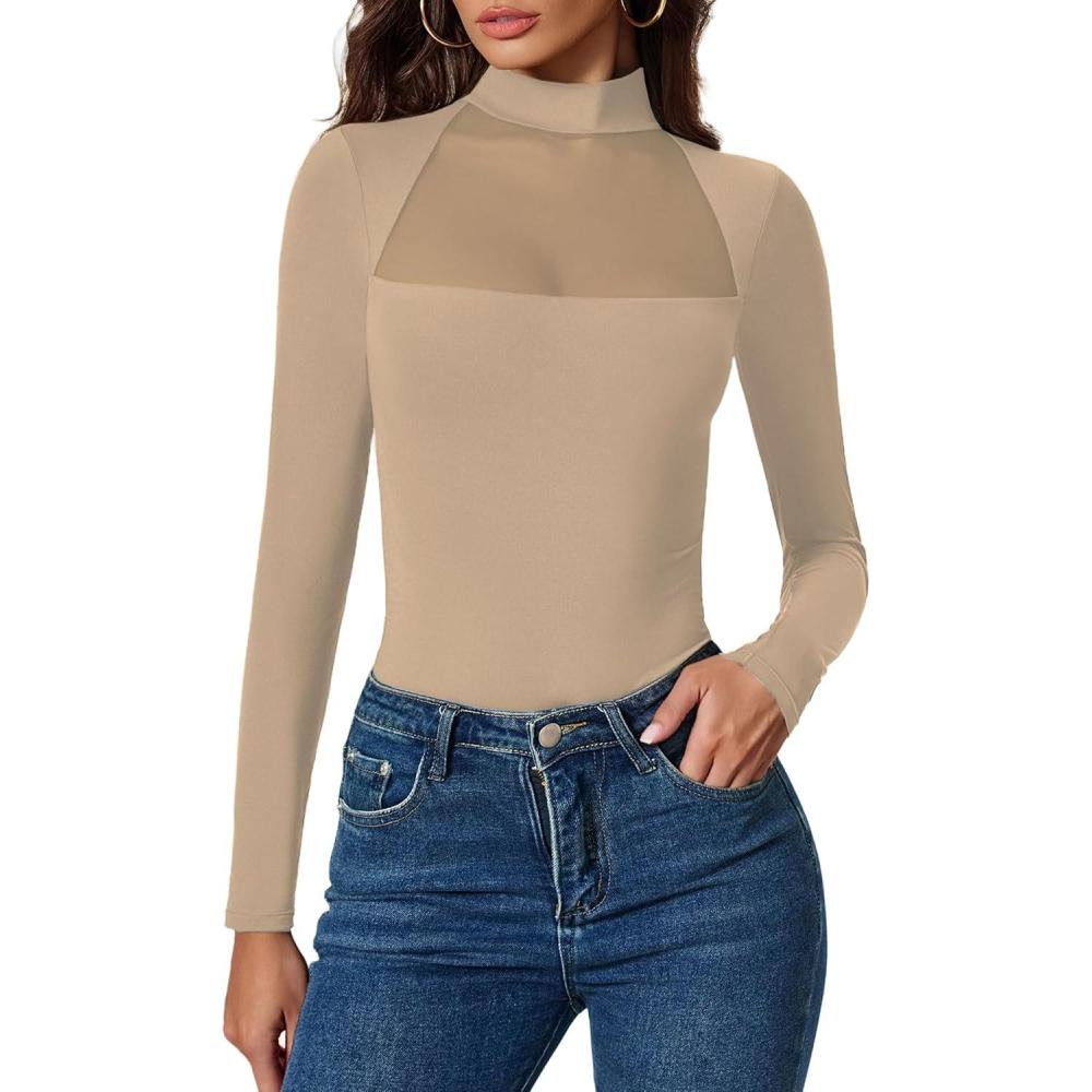imageAvidlove Bodysuits for Women Mock Neck Shapewear Body Suit Long Sleeve Leotard Mesh Going Out Tops Concert OutfitsKhaki
