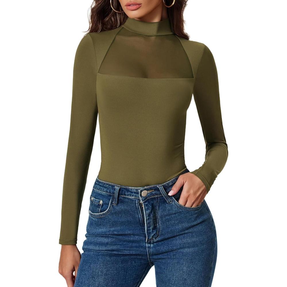 imageAvidlove Bodysuits for Women Mock Neck Shapewear Body Suit Long Sleeve Leotard Mesh Going Out Tops Concert OutfitsOlive Green