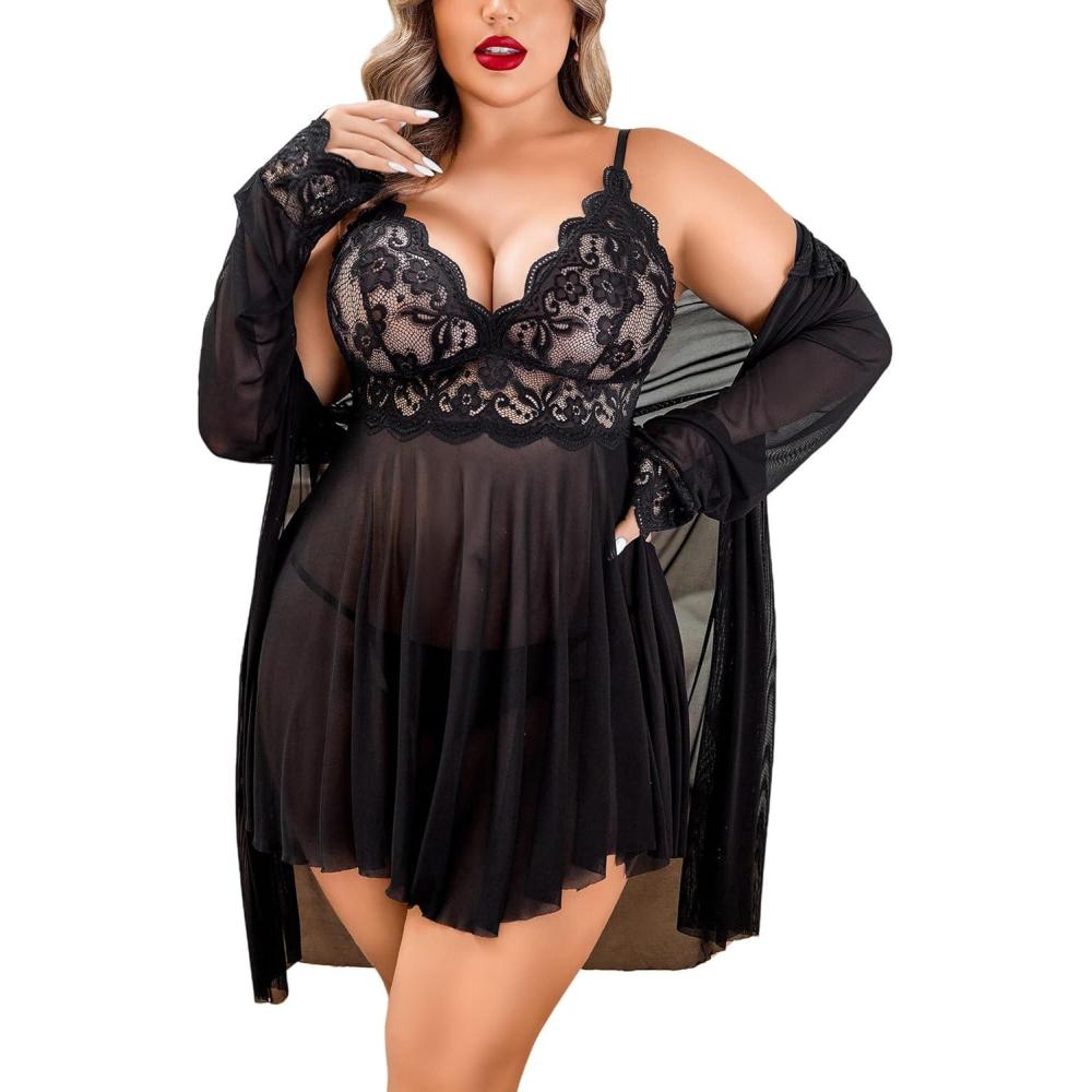 imageAvidlove Plus Size Lingerie Sexy Lingerie Set Womens Exotic Nightgowns Lace Chemise Lingerie Side Slit NightdressBlack