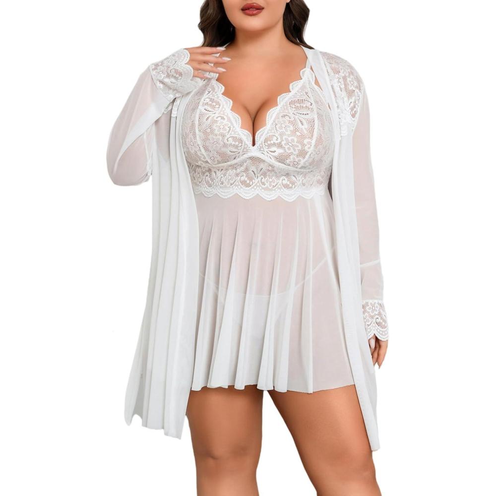 imageAvidlove Plus Size Lingerie Sexy Lingerie Set Womens Exotic Nightgowns Lace Chemise Lingerie Side Slit NightdressWhite