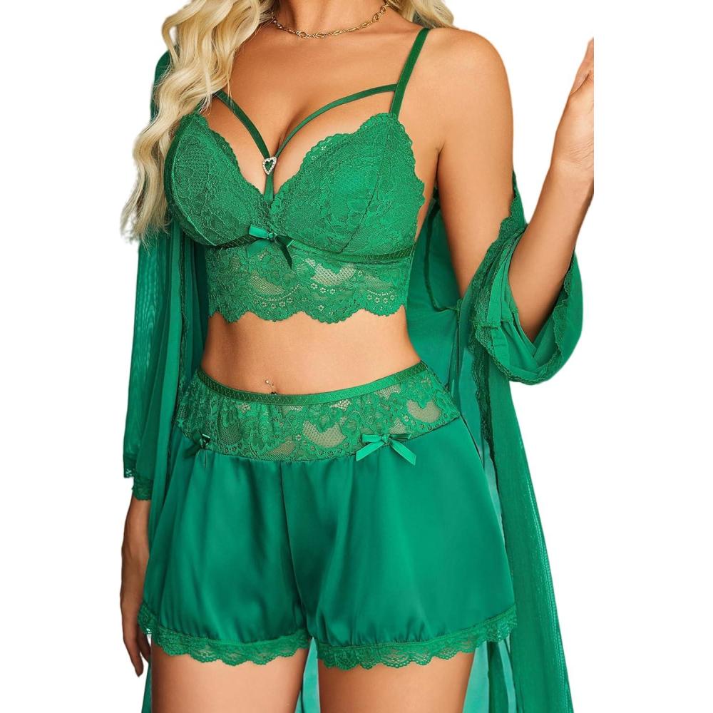 imageAvidlove Women Sexy Lingerie Set 3 Piece Lace Bra and Silk Satin Panty Sets with Mesh Kimono Robe Nightgown SleepwearGreen