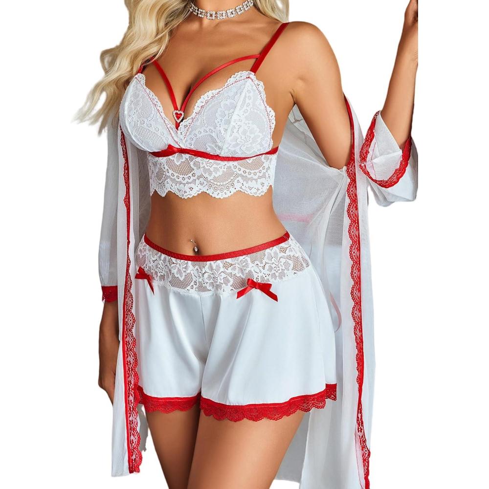 imageAvidlove Women Sexy Lingerie Set 3 Piece Lace Bra and Silk Satin Panty Sets with Mesh Kimono Robe Nightgown SleepwearWhite Mix Red