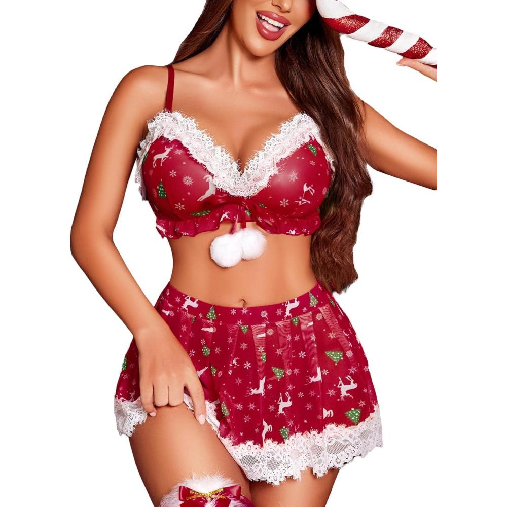 imageAvidlove Womens Lingerie Sexy Christmas Set Santa Babydoll Lingerie Lace Trim Bra and Skirt Reindeer Print Lingerie DressElk Print Red
