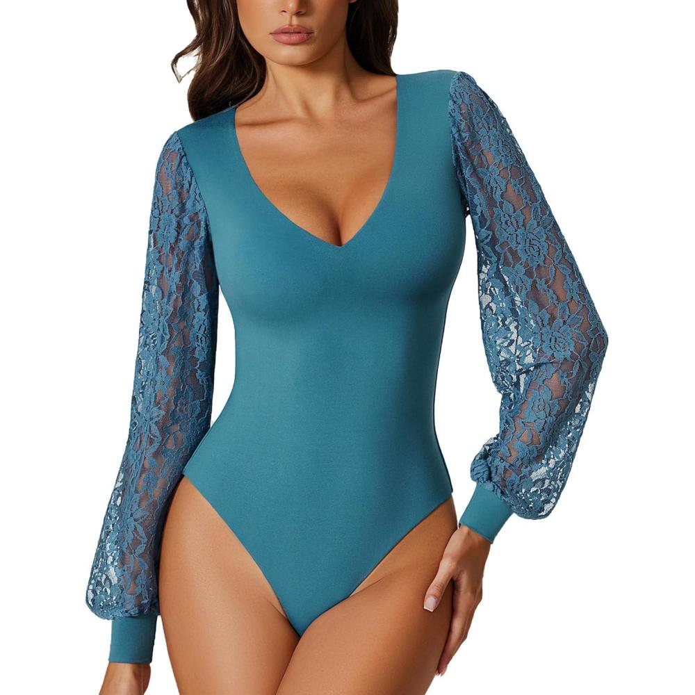imageAvidlove Womens Long Sleeve Bodysuit Double Lined V Neck Lace Puff Sleeves Going Out Top Shirts Thong Leotard Body SuitBlue