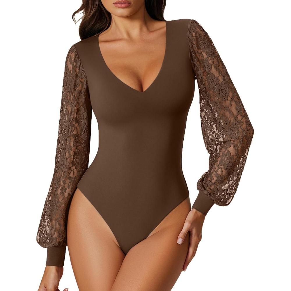 imageAvidlove Womens Long Sleeve Bodysuit Double Lined V Neck Lace Puff Sleeves Going Out Top Shirts Thong Leotard Body SuitBrown