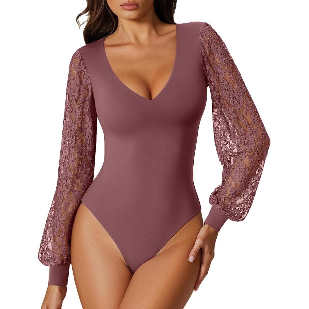 imageAvidlove Womens Long Sleeve Bodysuit Double Lined V Neck Lace Puff Sleeves Going Out Top Shirts Thong Leotard Body SuitPurple