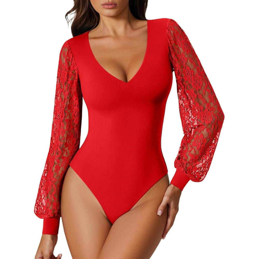imageAvidlove Womens Long Sleeve Bodysuit Double Lined V Neck Lace Puff Sleeves Going Out Top Shirts Thong Leotard Body SuitRed