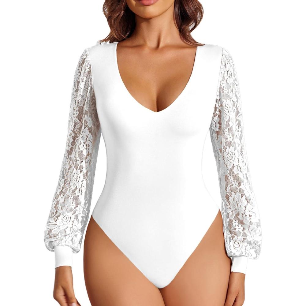 imageAvidlove Womens Long Sleeve Bodysuit Double Lined V Neck Lace Puff Sleeves Going Out Top Shirts Thong Leotard Body SuitWhite