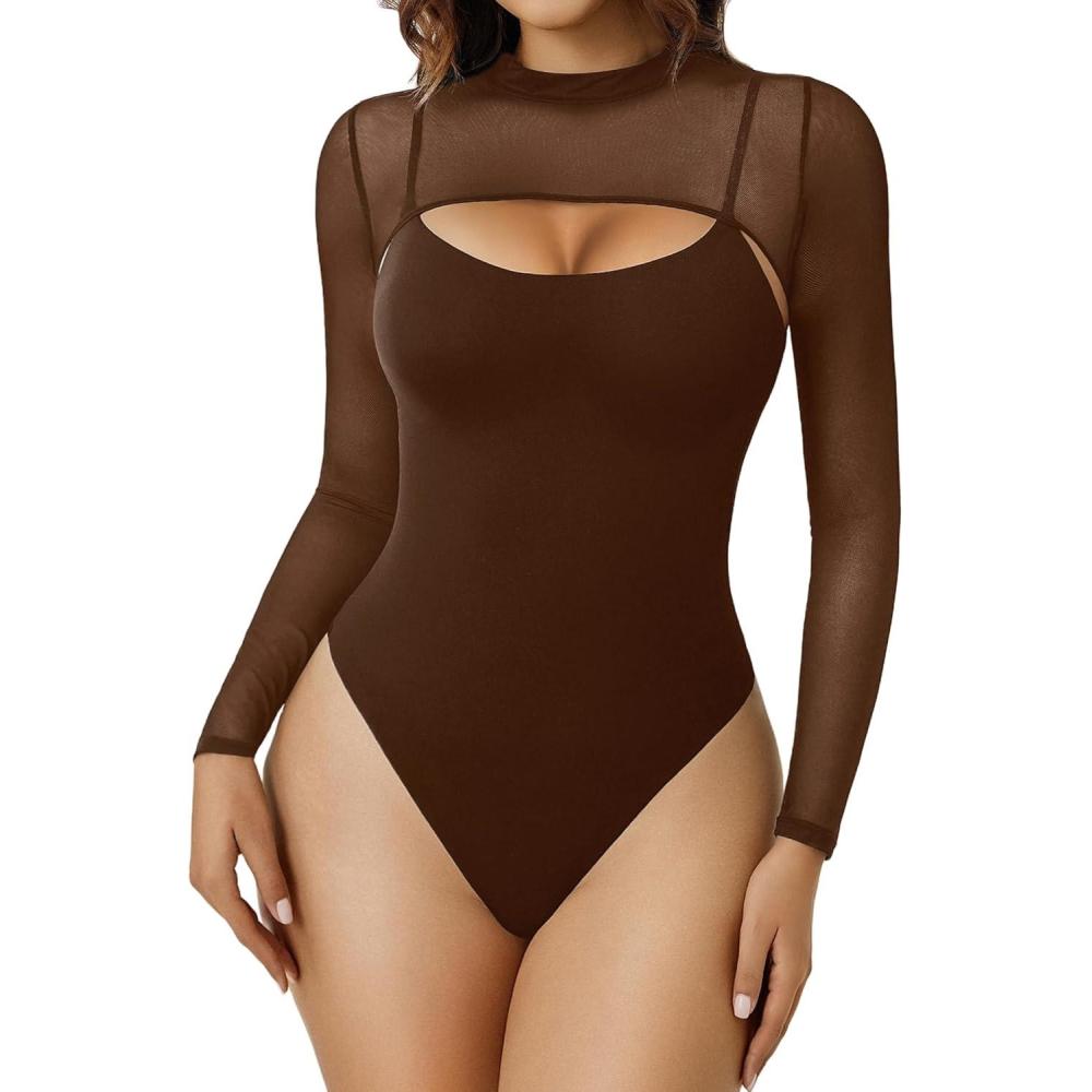 imageAvidlove Womens Long Sleeve Bodysuits Mock Turtle Neck Shapewear Bodysuit Sexy Mesh Bodysuit Two Piece Outfit Cami TopsBrown