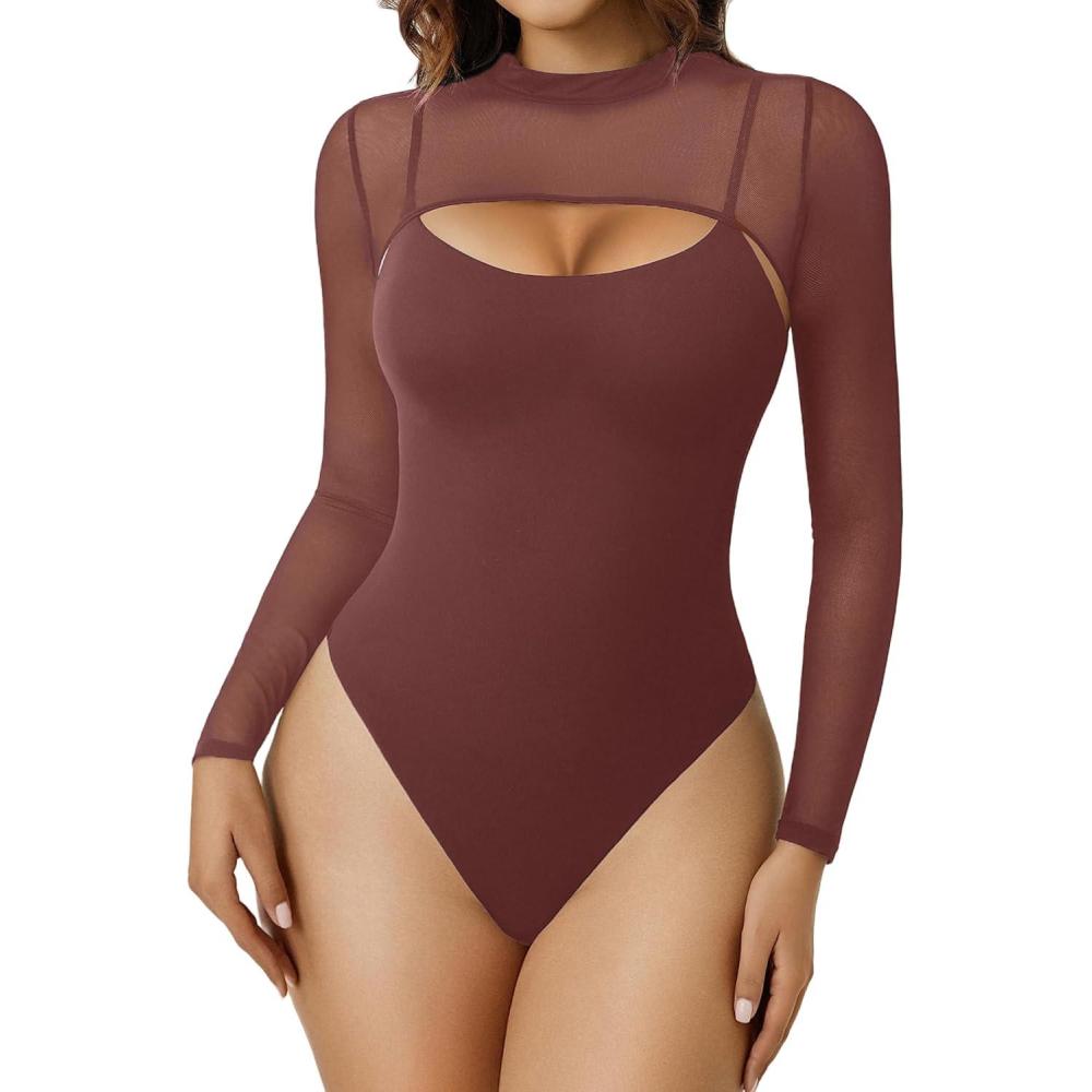 imageAvidlove Womens Long Sleeve Bodysuits Mock Turtle Neck Shapewear Bodysuit Sexy Mesh Bodysuit Two Piece Outfit Cami TopsPurple Red