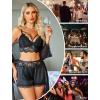 imageAvidlove Women Sexy Lingerie Set 3 Piece Lace Bra and Silk Satin Panty Sets with Mesh Kimono Robe Nightgown SleepwearBlack