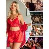 imageAvidlove Women Sexy Lingerie Set 3 Piece Lace Bra and Silk Satin Panty Sets with Mesh Kimono Robe Nightgown SleepwearRed