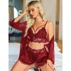 imageAvidlove Women Sexy Lingerie Set 3 Piece Lace Bra and Silk Satin Panty Sets with Mesh Kimono Robe Nightgown SleepwearWine Red