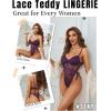 imageAvidlove Women Teddy Lingerie Deep V Lace Bodysuit Lingerie One Piece Mini Babydoll Satiny Side BowPurple