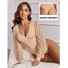 imageAvidlove Womens Long Sleeve Bodysuit Double Lined V Neck Lace Puff Sleeves Going Out Top Shirts Thong Leotard Body SuitBeige