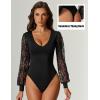 imageAvidlove Womens Long Sleeve Bodysuit Double Lined V Neck Lace Puff Sleeves Going Out Top Shirts Thong Leotard Body SuitBlack