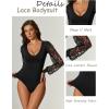 imageAvidlove Womens Long Sleeve Bodysuit Double Lined V Neck Lace Puff Sleeves Going Out Top Shirts Thong Leotard Body SuitBlack