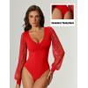imageAvidlove Womens Long Sleeve Bodysuit Double Lined V Neck Lace Puff Sleeves Going Out Top Shirts Thong Leotard Body SuitRed
