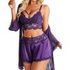imageAvidlove Women Sexy Lingerie Set 3 Piece Lace Bra and Silk Satin Panty Sets with Mesh Kimono Robe Nightgown SleepwearDeep Purple