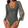 imageAvidlove Womens Long Sleeve Bodysuit Double Lined V Neck Lace Puff Sleeves Going Out Top Shirts Thong Leotard Body SuitGrey