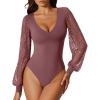 imageAvidlove Womens Long Sleeve Bodysuit Double Lined V Neck Lace Puff Sleeves Going Out Top Shirts Thong Leotard Body SuitPurple