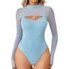 imageAvidlove Womens Long Sleeve Bodysuits Mock Turtle Neck Shapewear Bodysuit Sexy Mesh Bodysuit Two Piece Outfit Cami TopsLight Blue