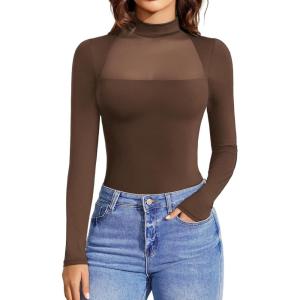imageAvidlove Bodysuits for Women Mock Neck Shapewear Body Suit Long Sleeve Leotard Mesh Going Out Tops Concert OutfitsBrown