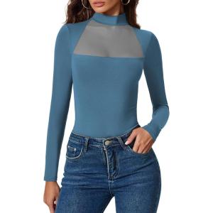 imageAvidlove Bodysuits for Women Mock Neck Shapewear Body Suit Long Sleeve Leotard Mesh Going Out Tops Concert OutfitsDark Blue