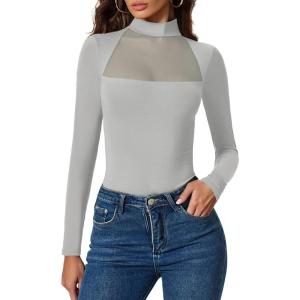 imageAvidlove Bodysuits for Women Mock Neck Shapewear Body Suit Long Sleeve Leotard Mesh Going Out Tops Concert OutfitsGrey