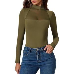 imageAvidlove Bodysuits for Women Mock Neck Shapewear Body Suit Long Sleeve Leotard Mesh Going Out Tops Concert OutfitsOlive Green