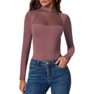 imageAvidlove Bodysuits for Women Mock Neck Shapewear Body Suit Long Sleeve Leotard Mesh Going Out Tops Concert OutfitsPurple Red