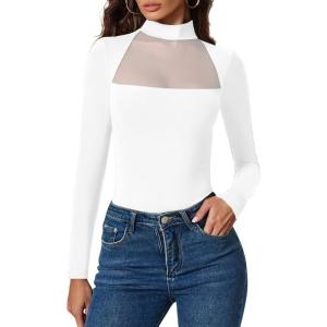 imageAvidlove Bodysuits for Women Mock Neck Shapewear Body Suit Long Sleeve Leotard Mesh Going Out Tops Concert OutfitsWhite
