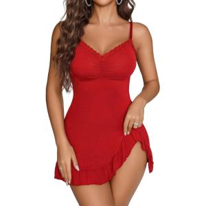 imageAvidlove Lingerie for Women Sexy Nightgown Modal Nightwear Side Slit Babydoll Chemise Spaghetti Strap nightiesRed