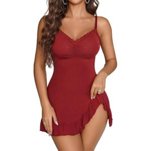 imageAvidlove Lingerie for Women Sexy Nightgown Modal Nightwear Side Slit Babydoll Chemise Spaghetti Strap nightiesWine Red