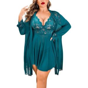 imageAvidlove Plus Size Lingerie Sexy Lingerie Set Womens Exotic Nightgowns Lace Chemise Lingerie Side Slit NightdressBlue Green