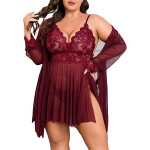 imageAvidlove Plus Size Lingerie Sexy Lingerie Set Womens Exotic Nightgowns Lace Chemise Lingerie Side Slit NightdressDark Red