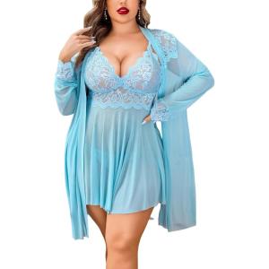 imageAvidlove Plus Size Lingerie Sexy Lingerie Set Womens Exotic Nightgowns Lace Chemise Lingerie Side Slit NightdressLight Blue