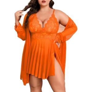 imageAvidlove Plus Size Lingerie Sexy Lingerie Set Womens Exotic Nightgowns Lace Chemise Lingerie Side Slit NightdressOrange