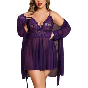 imageAvidlove Plus Size Lingerie Sexy Lingerie Set Womens Exotic Nightgowns Lace Chemise Lingerie Side Slit NightdressPurple
