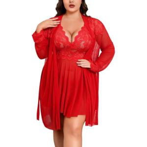 imageAvidlove Plus Size Lingerie Sexy Lingerie Set Womens Exotic Nightgowns Lace Chemise Lingerie Side Slit NightdressRed