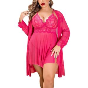 imageAvidlove Plus Size Lingerie Sexy Lingerie Set Womens Exotic Nightgowns Lace Chemise Lingerie Side Slit NightdressRose Red