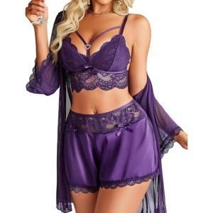 imageAvidlove Women Sexy Lingerie Set 3 Piece Lace Bra and Silk Satin Panty Sets with Mesh Kimono Robe Nightgown SleepwearDeep Purple