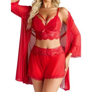 imageAvidlove Women Sexy Lingerie Set 3 Piece Lace Bra and Silk Satin Panty Sets with Mesh Kimono Robe Nightgown SleepwearRed